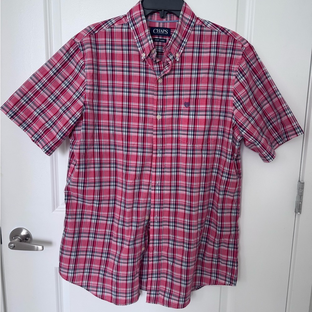 Chaps Men's Red and Blue Plaid Button Down Shirt short sleeve